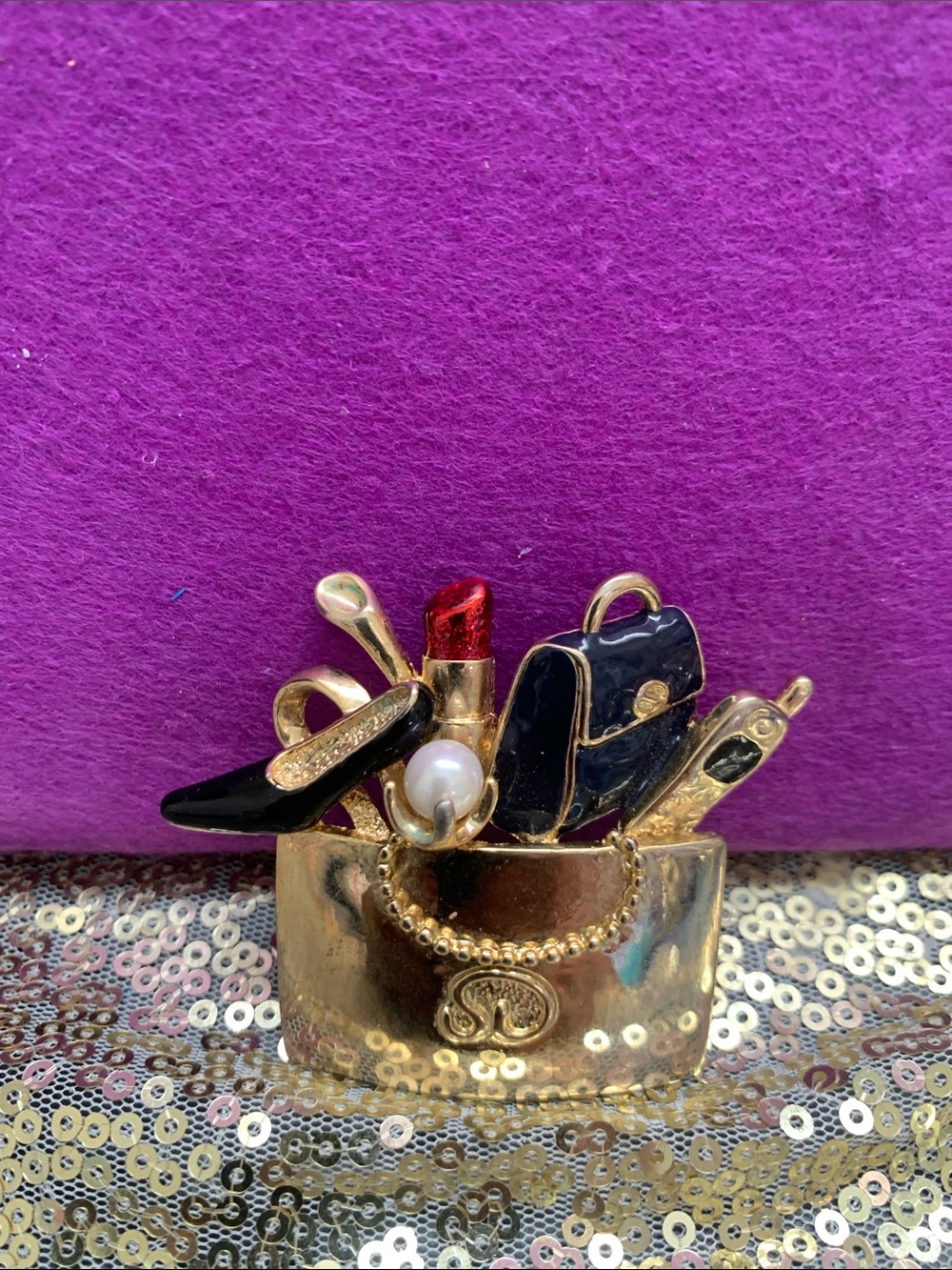 Vintage Gold-Tone Fashion Accessories Brooch with Black & Red Accents
